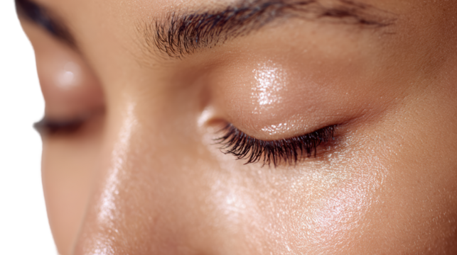 Close-up of a peaceful eye with lashes, showcasing natural beauty and relaxation.