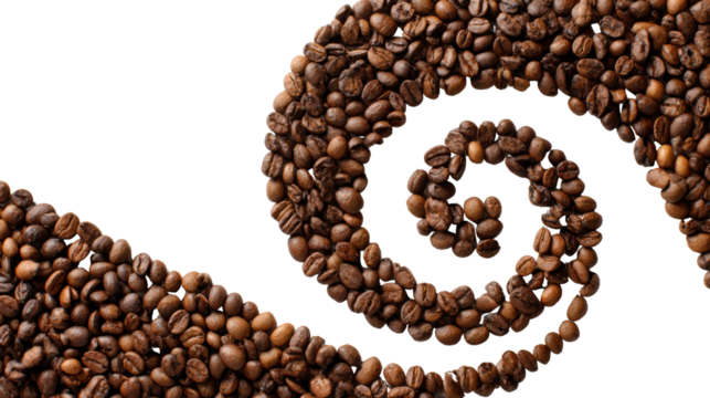 Coffee beans arranged in a spiral pattern on a white background.