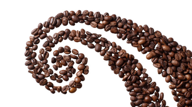 Coffee beans arranged in a spiral pattern on a white isolated background.