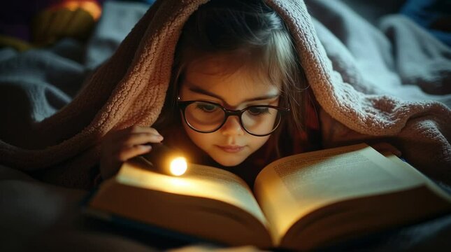 A curious child reading under a blanket with a flashlight during a quiet bedtime moment