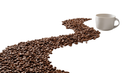 Coffee beans flow like a river towards a white cup, isolated on a white background.