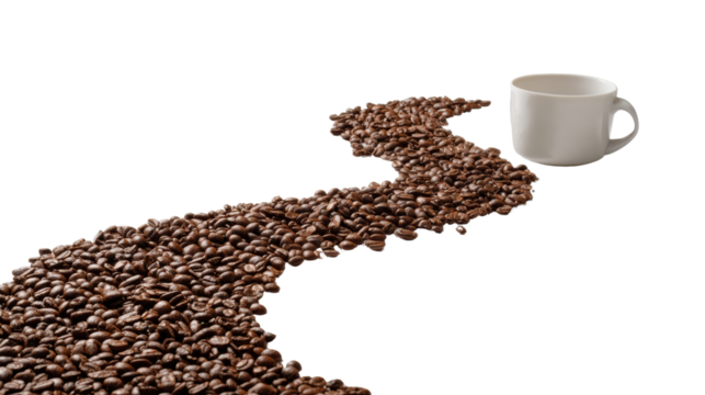 Coffee beans flow like a river towards a white cup, isolated on a white background.