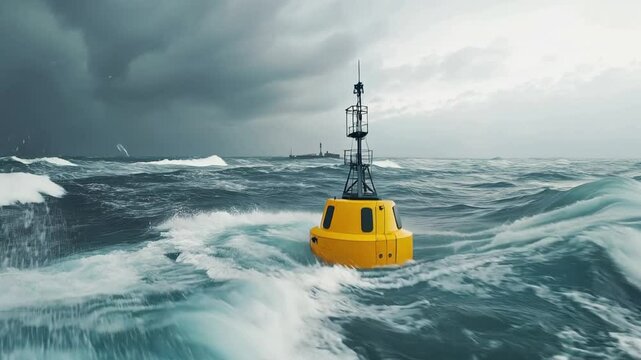 Offshore point-absorber wave-energy buoy floats in turbulent ocean swells under dark storm clouds, capturing renewable power in harsh marine conditions, photographed from a cinematic aerial view.