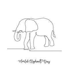 One continuous line drawing of World Elephant Day vector illustration. World Elephant Day themes design concept in simple linear continuous line. Suitable design for your campaign and design asset.