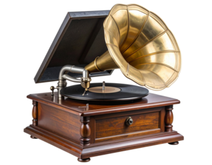 Close-up of Old Gramophone Turntable and Crank Handle, isolated on a transparent background
