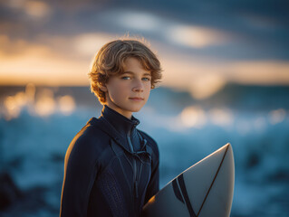 Young male surfer in a black wetsuit stands confidently with surfboard at sunset, ocean waves crashing in the background, capturing the essence of adventure and youth