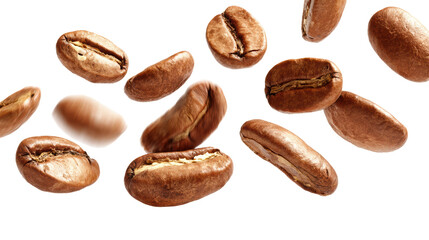 Obraz premium Coffee beans scattered on a white background, showcasing their rich texture and color.