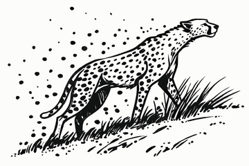 Cheetah in motion with scattered dots and grass wild cat spotted