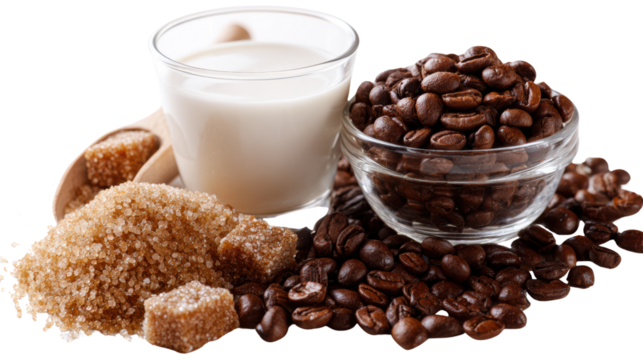 Coffee beans, sugar, and milk arranged on a white background.