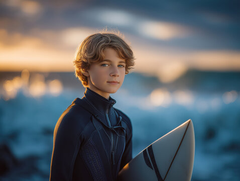 Young male surfer in a black wetsuit stands confidently with surfboard at sunset, ocean waves crashing in the background, capturing the essence of adventure and youth - Powered by Adobe