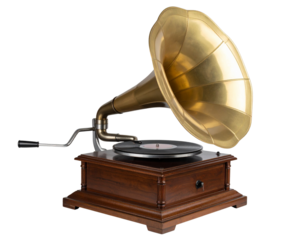 Close-up of Old Gramophone Turntable and Crank Handle, isolated on a transparent background