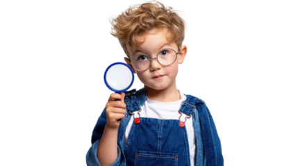 Curious child with glasses holding a magnifying glass, exploring the world with wonder.