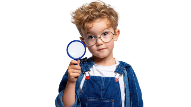 Curious child with glasses holding a magnifying glass, exploring the world with wonder.