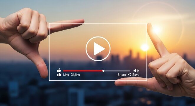 Hands frame a video player interface against a sunset cityscape