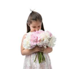 Cute little girl with bouquet of beautiful peonies on white background