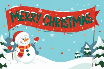 A cheerful Christmas greeting card featuring a whimsical snowman wearing a festive Santa hat and scarf, positioned as if waving from a snowy hillside beneath a banner