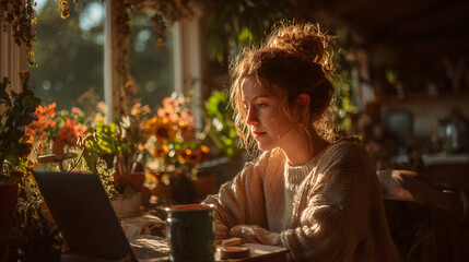 Freelance woman working from home in cozy sunlit room filled with plants