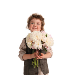 Cute little boy with bouquet of beautiful peonies on white background