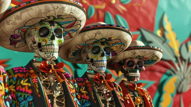 A group of skeletons dressed as Mexican charros, great for Halloween or Day of the Dead themes