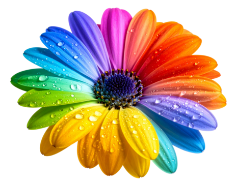 Close-up of Rainbow Petaled Flower with Dew Drops, isolated on a transparent background
