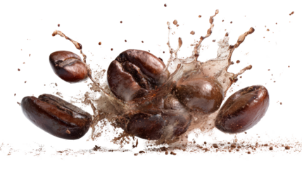 Fresh coffee beans splashing in water, dynamic action shot.
