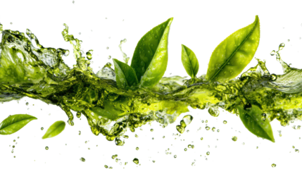 Fresh green leaves splashing in clear water, conveying nature's beauty and vitality.