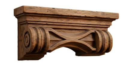 Intricate wooden corbel, a decorative architectural element, detailed against a black background.