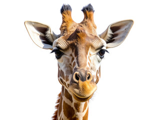 Close-up Portrait of Giraffe’s Face with Long Eyelashes and Curious Eyes, isolated on a transparent background