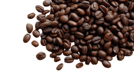 Fresh roasted coffee beans arranged on a white background, ideal for beverage or culinary themes.