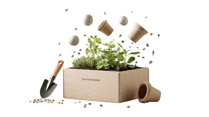 Garden kit with soil, tools, and green plants, perfect for indoor gardening.
