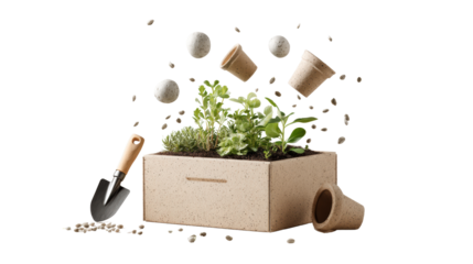 Garden kit with soil, tools, and green plants, perfect for indoor gardening.