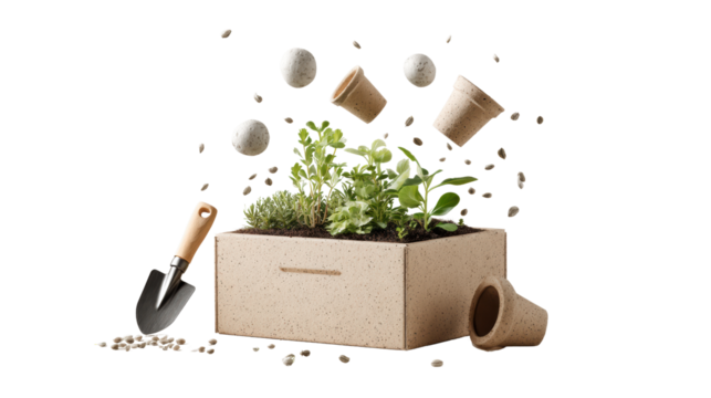 Garden kit with soil, tools, and green plants, perfect for indoor gardening.