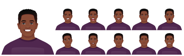 Set of young handsome African American man with different facial expressions. Vector illustration isolated