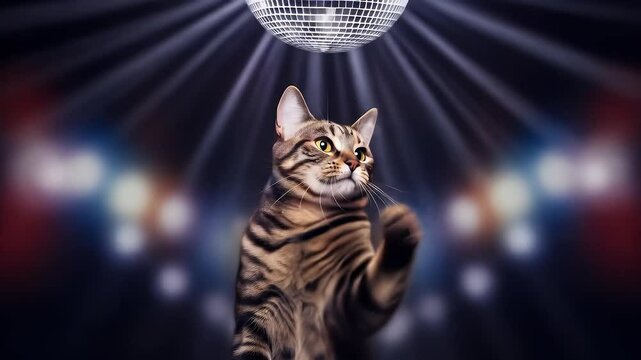 Close-up of striped cat dancing under disco light in night club