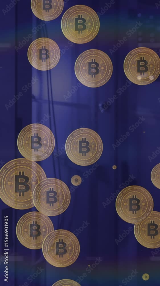 Poster animation of bitcoin coins pulsating against computer server room