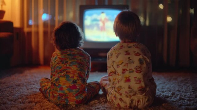 Nostalgic childhood moment with kids watching cartoons in cozy warm room