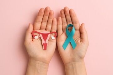 Cervical Cancer Awareness: Two hands gently cradle a ribbon and uterus model against a pastel backdrop, symbolizing care and support. It's a poignant image, crafted with realism.