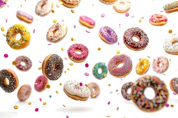 Various Colorful of Donuts Floating on the Air Isolated on White Background