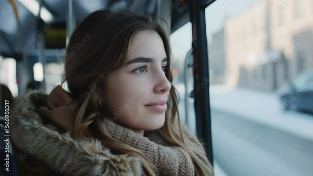 Poster A person sitting on a bus staring out the window, possibly lost in thought