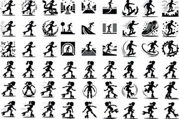 Stylish Roller Skater Girl Icons – Dynamic Vector Silhouettes Girl Roller Skating Silhouette Set – Fun & Energetic Icon Collection