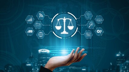 Futuristic digital law interface displaying justice scale, highlighting digital law, AI compliance,...