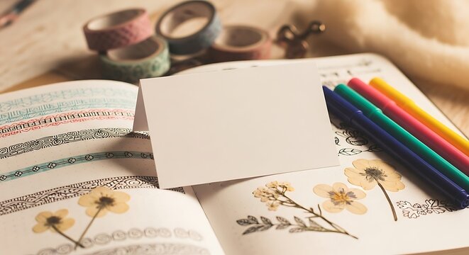 A creative scene featuring stationery, a blank card, and colorful pens, ready for crafting.
