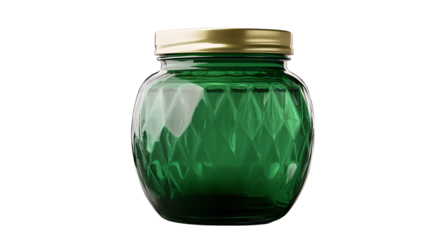 Gleaming emerald glass jar crowned with gold a timeless vessel for cherished keepsakes on a on transparent background