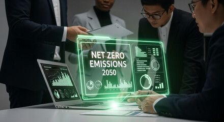 Net zero emissions strategy business meeting with digital dashboard for sustainability goals by year 2050