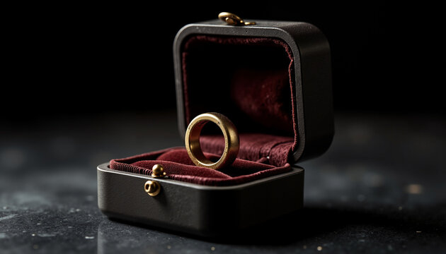 Gold ring displayed in an open black jewelry box with red lining  