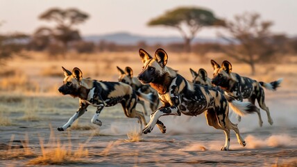 Endangered African Wild Dogs Sprinting Through Dry Grassland