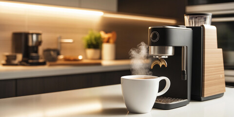 Automatic coffee maker brewing fresh coffee on a countertop Generative AI