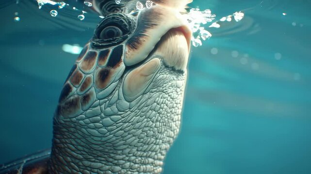 Close-Up Macro View of Loggerhead Turtle Surfaces in Crystal Clear Waters Underwater
