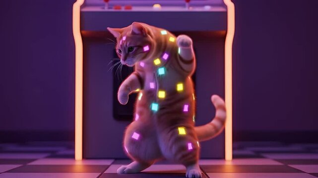 Ginger cat dancing close-up in front of glowing retro arcade machine