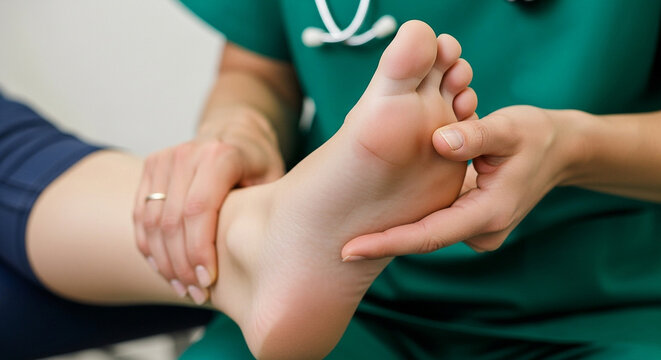 Foot examination by podiatrist for foot pain and foot problems in clinic for patient care and treatment